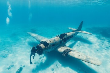 Fototapeta premium Scuba diver exploring a sunken airplane wreck in clear blue waters during bright daylight