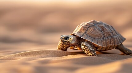 A solitary tortoise explores a vast sandy landscape with the warm hues of the setting sun creating a serene and natural ambiance, focusing on wildlife and environmental themes.