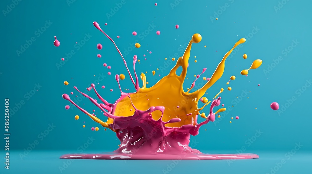 Poster splashes of pink and yellow paint explode across a blue background, creating an energetic display of
