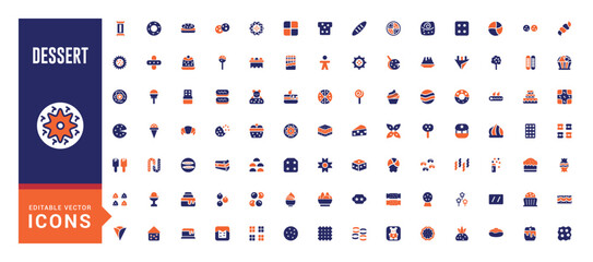 desserts and Sweets color icon set. Containing candy, lollipop, ice cream, cookie, cake, sugar and more. colorful Vector solid icons collection.