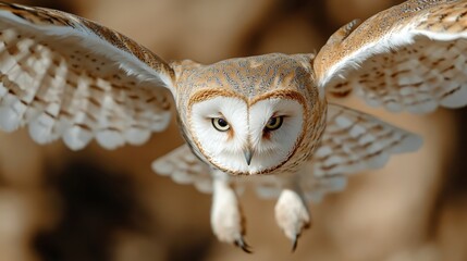 A highly detailed close-up of an owl in mid-flight, staring directly at the camera with its wings extended, showcasing the precision and grace of the bird in motion.