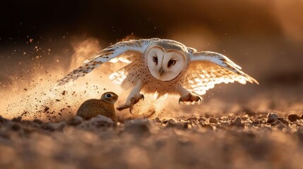 An owl, mid-flight, catches a rodent amidst a burst of dust and dramatic lighting, capturing a moment of action and wildlife interaction in its natural habitat.