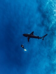 Naklejka premium A diver encounters a majestic shark while exploring the deep blue ocean on a sunny day