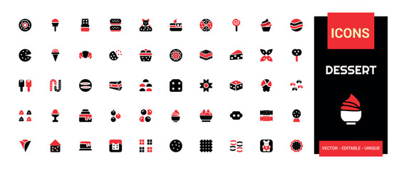 desserts and Sweets color icon set. Containing candy, lollipop, ice cream, cookie, cake, sugar and more. colorful Vector solid icons collection.
