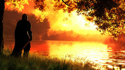 A knight standing on grass field