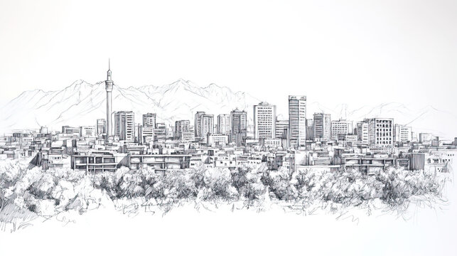 Kabul, Afghanistan, black and white pen pencil hand-drawn effect drawing illustration for travel poster, card, wallpaper, backdrop or banner. Modern, clear, artistic and simple