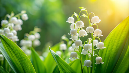 Delicate white Lily of the Valley flowers in a garden setting , spring, fragrant, May Day, floral, bell-shaped, poisonous