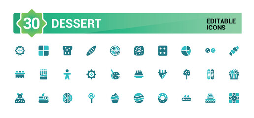 desserts and Sweets color icon set. Containing candy, lollipop, ice cream, cookie, cake, sugar and more. colorful Vector solid icons collection.