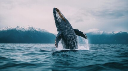 Fototapeta premium A majestic whale breaches the water's surface against a backdrop of mountains, showcasing the beauty of marine wildlife.
