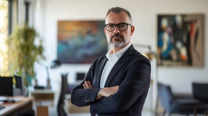 Fototapeta premium Executive standing in an office with modern art, arms crossed, looking seriously at the camera.