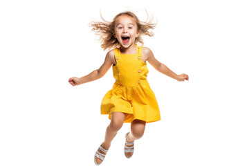 A cheerful little girl with pigtails, laughing and jumping in the air, dressed in a playful summer outfit isolated on white background