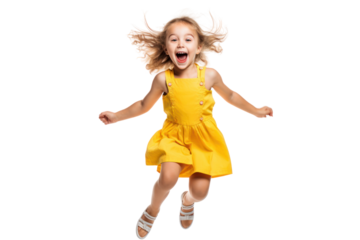 A cheerful little girl with pigtails, laughing and jumping in the air, dressed in a playful summer outfit isolated on white background