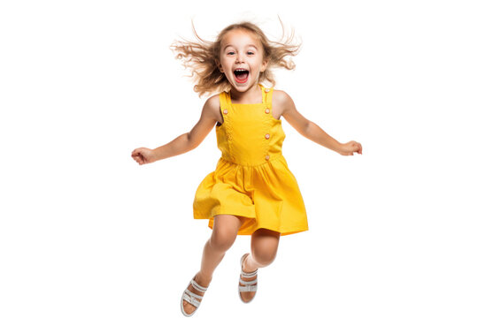 A cheerful little girl with pigtails, laughing and jumping in the air, dressed in a playful summer outfit isolated on white background