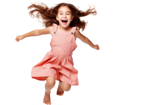A cheerful little girl with pigtails, laughing and jumping in the air, dressed in a playful summer outfit isolated on white background
