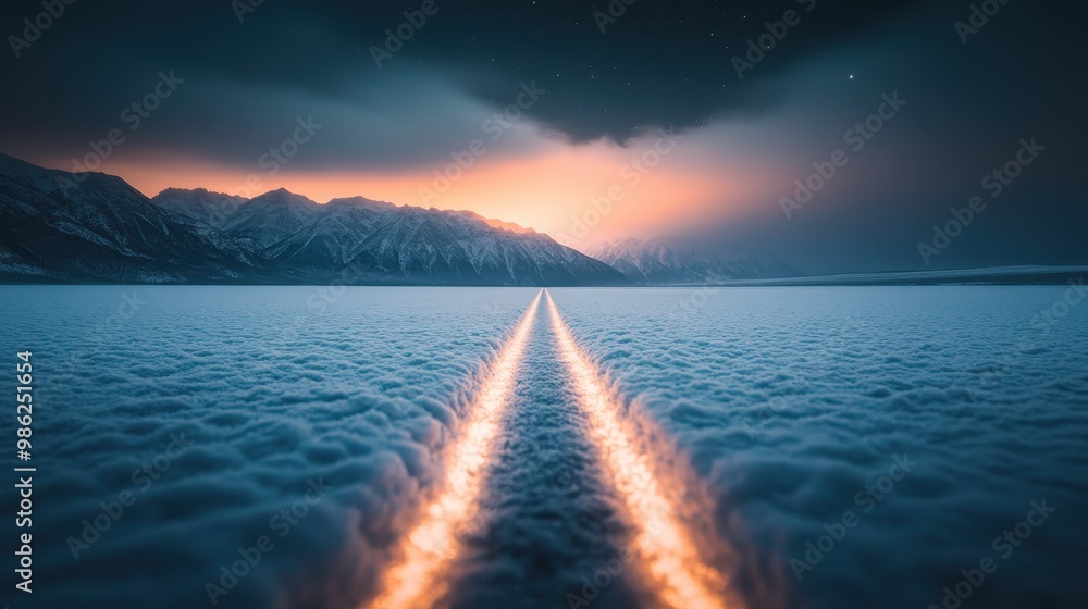 Poster a striking image of an illuminated path cutting through a snow-covered landscape with mountains in t
