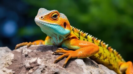 Obraz premium A vibrant, colorful lizard sits on a rock, its bright scales catching the light amidst lush green foliage, embodying the allure of the natural world.