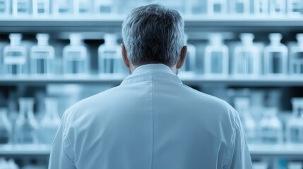 In a high-tech lab, a scientist wearing a white coat is seen from the back, surrounded by shelves filled with various scientific instruments and equipment, deeply engaged in work.