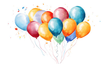 A bunch of balloons in various shapes and sizes with cascading ribbons, isolated on white background