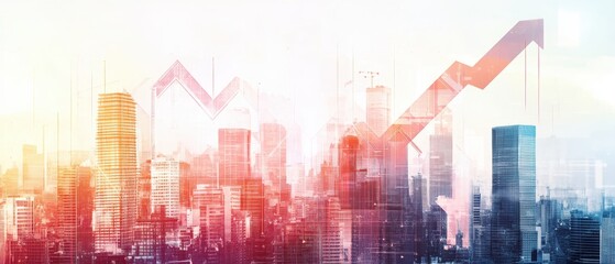 Obraz premium A vibrant city skyline with upward financial trends depicted through arrows, symbolizing growth and urban development.