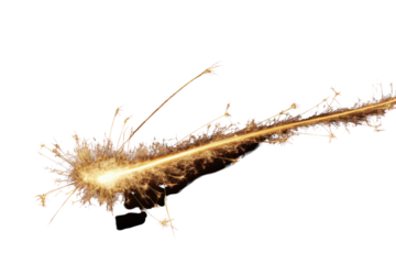 A brightly burning sparkler in full motion, with dynamic streaks of light and a flurry of sparkling trails, isolated on white background