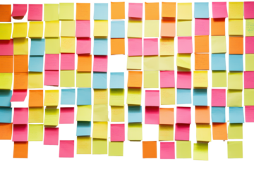 A bulletin board covered with sticky notes of different sizes and colors arranged chaotically isolated on white background