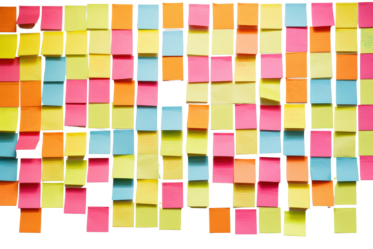 A bulletin board covered with sticky notes of different sizes and colors arranged chaotically isolated on white background
