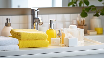 An elegantly styled bathroom counter featuring neatly arranged yellow and white towels, and a collection of sophisticated toiletries.