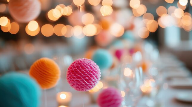 Woolen balls in bright colors hang amidst festive lights, creating a warm and joyous ambiance perfect for celebratory gatherings or event decorations.