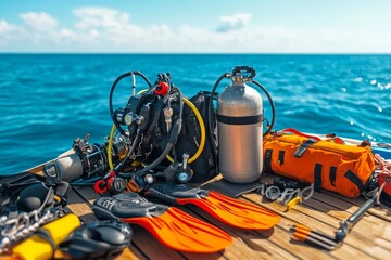 Diving equipment arranged on a wooden dock near turquoise water on a sunny day, ready for an underwater adventure