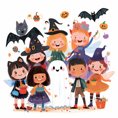 A cartoon of a cat wearing a witch's hat and a cape is surrounded by pumpkins and bats on white background
