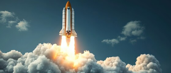 A rocket ascends through clouds, leaving a trail of fire and smoke, symbolizing space exploration and technological advancement.