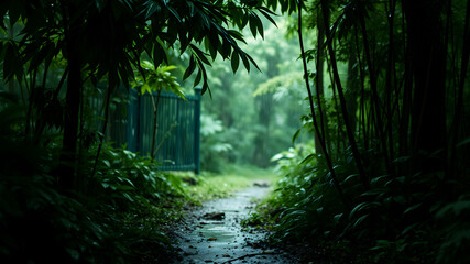 Naklejka premium A lush green forest during a light rain shower, with raindrops dripping off leaves and creating small puddles on the forest floor. The scene is filled with earthy tones and a refreshing ambiance, high