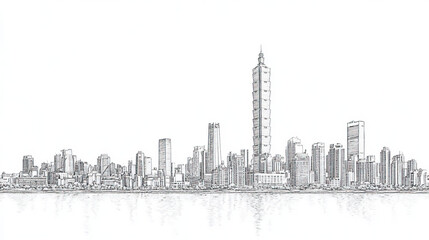 Obraz premium Kaohsiung, Taiwan, black and white pen pencil hand-drawn effect drawing illustration for travel poster, card, wallpaper, backdrop or banner. Modern, clear, artistic and simple
