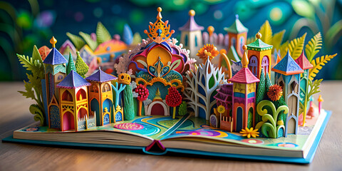 Obraz premium Photograph of a colorful pop-up book with intricate paper art , pop-up, book, paper, art, colorful, intricate, design