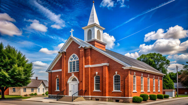 Traditional Methodist church in small town USA with a white steeple and red brick facade , Methodism, church