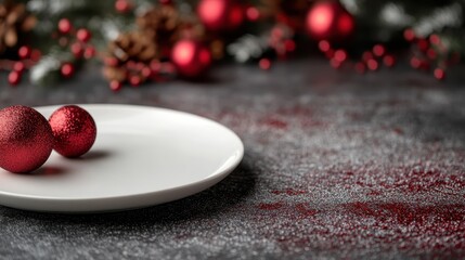 A white plate featuring two shiny red baubles rests on a snowy, glittery surface, creating a festive and elegant holiday atmosphere with red Christmas decorations.