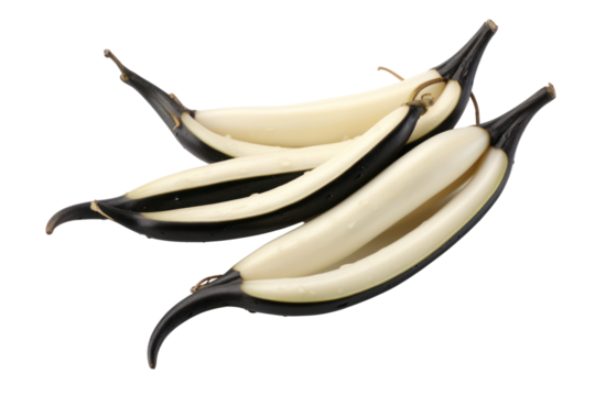 A 3D model of a vanilla bean pod split open, showing the tiny black seeds inside, placed on a clean, white background