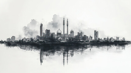 Obraz premium Karachi, Pakistan, black and white pen pencil hand-drawn effect drawing illustration for travel poster, card, wallpaper, backdrop or banner. Modern, clear, artistic and simple