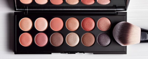 Eyeshadow palette with scattered pigments and a brush, creative makeup still life, soft lighting, luxury cosmetics in a minimal setting