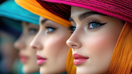 Three women with colorful hats and blue eyes looking to the right.
