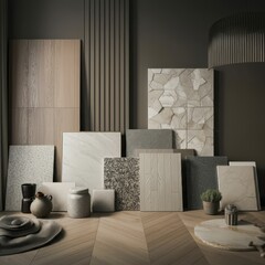 Assortment of various kitchen countertop materials displayed in different colors and textures.