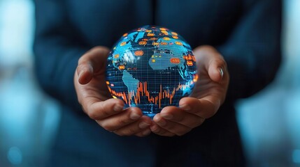Fototapeta premium Hands holding a digital globe surrounded by stock symbols, global finance, stock market