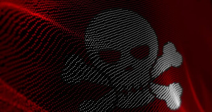 Pirate skull cyber attack flag waving pixel. Darknet and cybercrime blowing banner cyber attack hack and security concept animation.