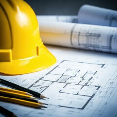 Blueprint floor plan with pencils and hard hat symbolizing architectural project management.