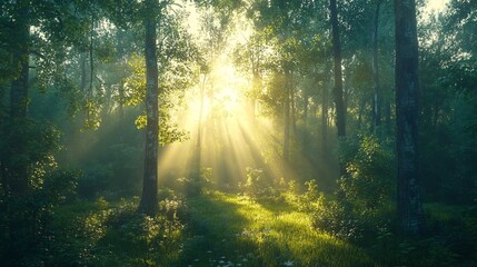 Sunbeams filtering through a dense green forest, illuminating the forest floor with a golden glow.
