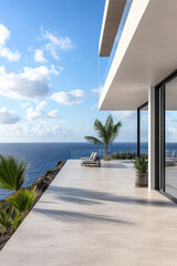 Modern oceanfront villa featuring a spacious terrace and breathtaking sea views under a clear blue sky