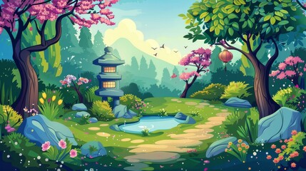 Enchanted Forest with Japanese Lanterns, Pond, Rocks, and Flowers