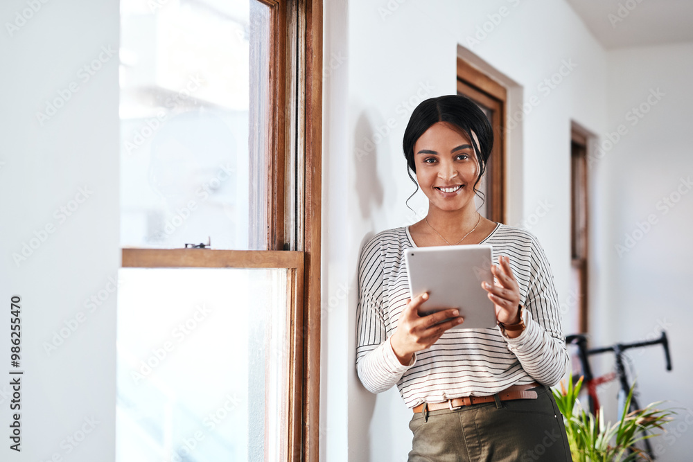 Poster Portrait, smile and woman with tablet in office for web development, research and communication. Developer, worker and technology with internet at IT startup for ux plan, info and update of database