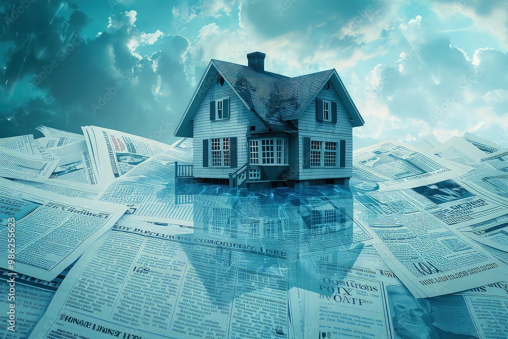 Poster an artistic rendering of a house floating on a sea of financial newspapers and graphs, metaphoricall