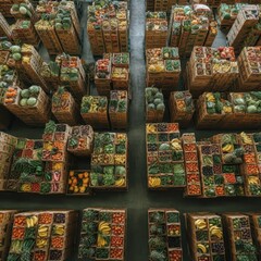 Fototapeta premium Aerial view of crates filled with various fruits and vegetables, symbolizing organized logistics and distribution in the fresh produce industry.